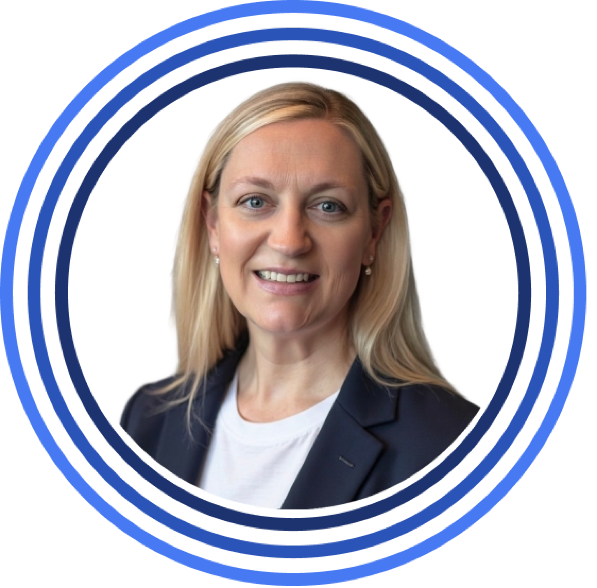 White woman with white shirt and blue blazer